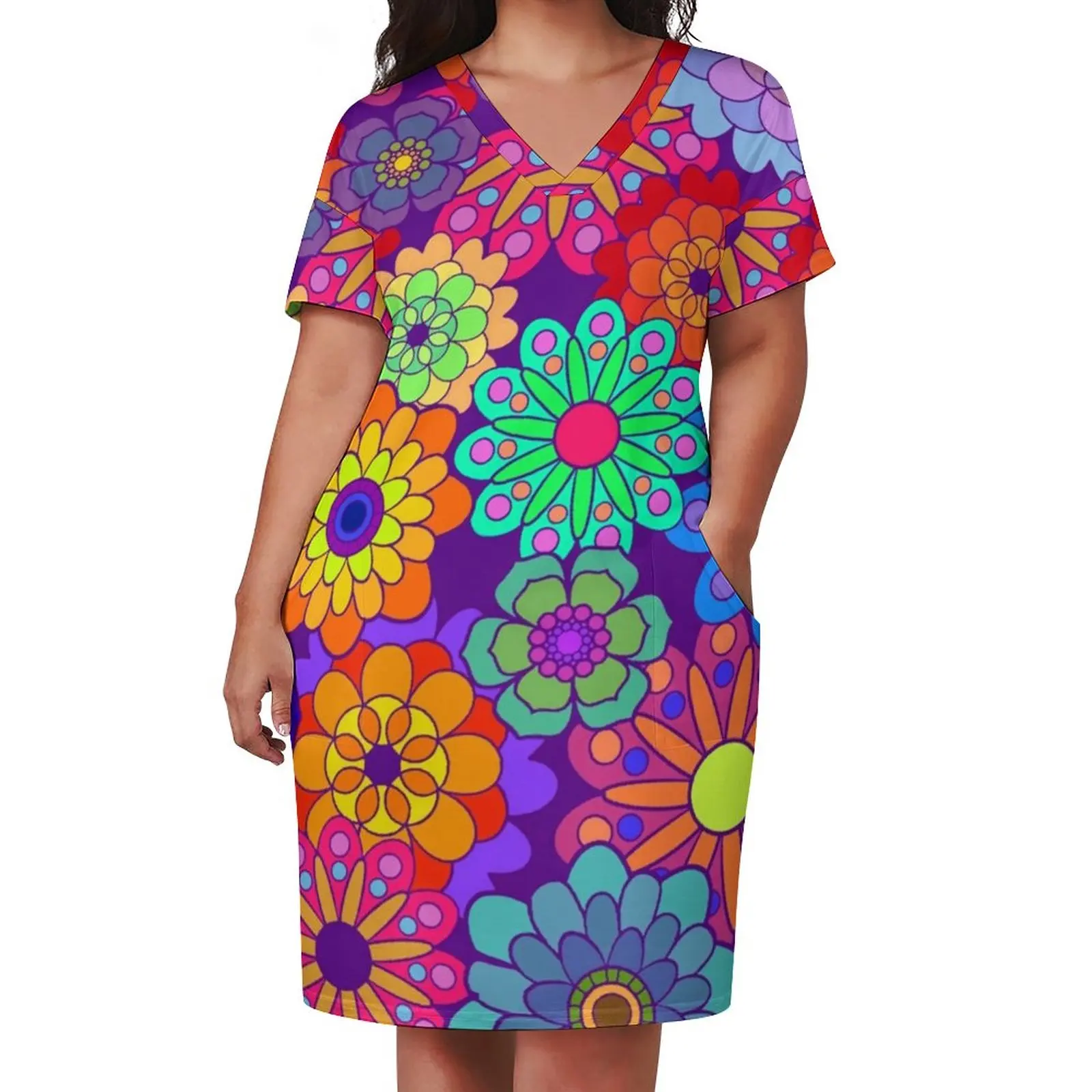 

70S Flower Power Casual Dress Summer Retro Hippy Print Pretty Dresses Ladies V Neck Pattern Street Fashion Dress Plus Size 4XL