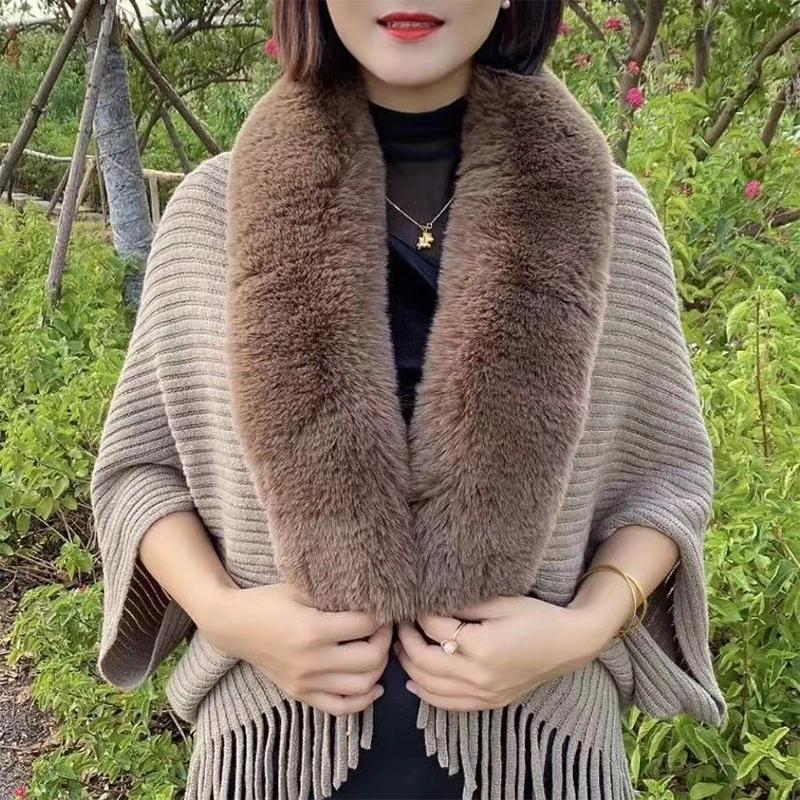 Women Winter Imitation Cashmere Shawl Scarf Lady Elegant Faux Fur Collar Capes Tassel Wraps Long Warm Wraps Cloak Poncho Tops