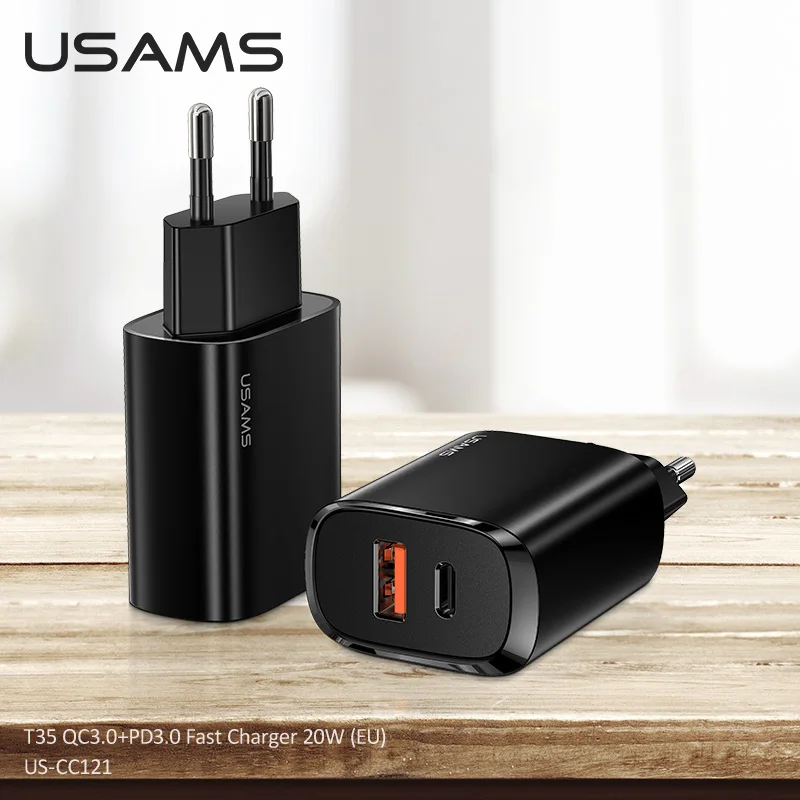 

USAMS T35 PD 20W Dual Ports Fast Charger EU CN Travel Mobile Phone Charger For iPhone Samsung Huawei Tablet QC FCP AFC Charger