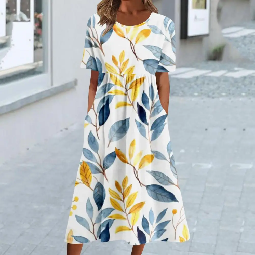 

Beautiful Women Summer Dress Pockets Lady Midi Dress Wide Hem Dating Pleated Ladies Dress