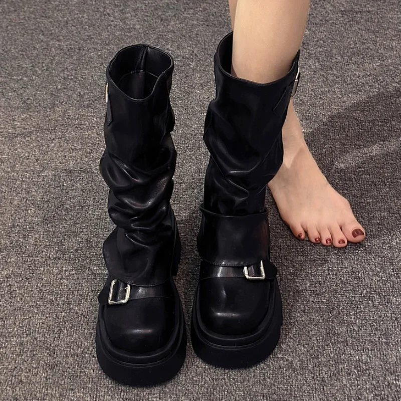 Модные женские мотоциклетные ботинки обувь на плоской платформе зимние