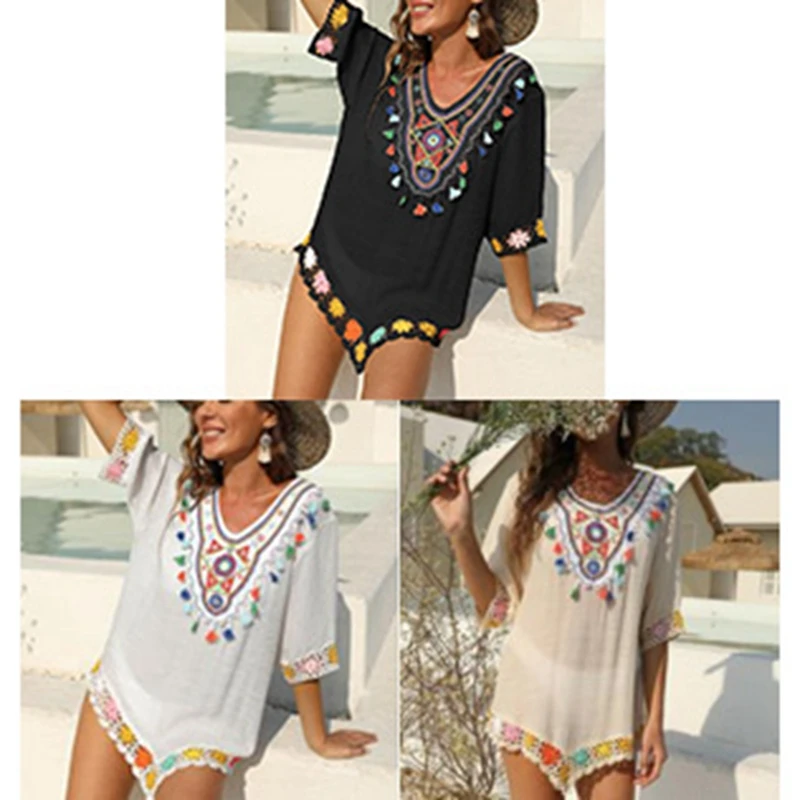 

Women's Ethnic Style Color Embroidery Hand Hook Stitching Five-Point Sleeve Loose Beach Blouse Dress One Size