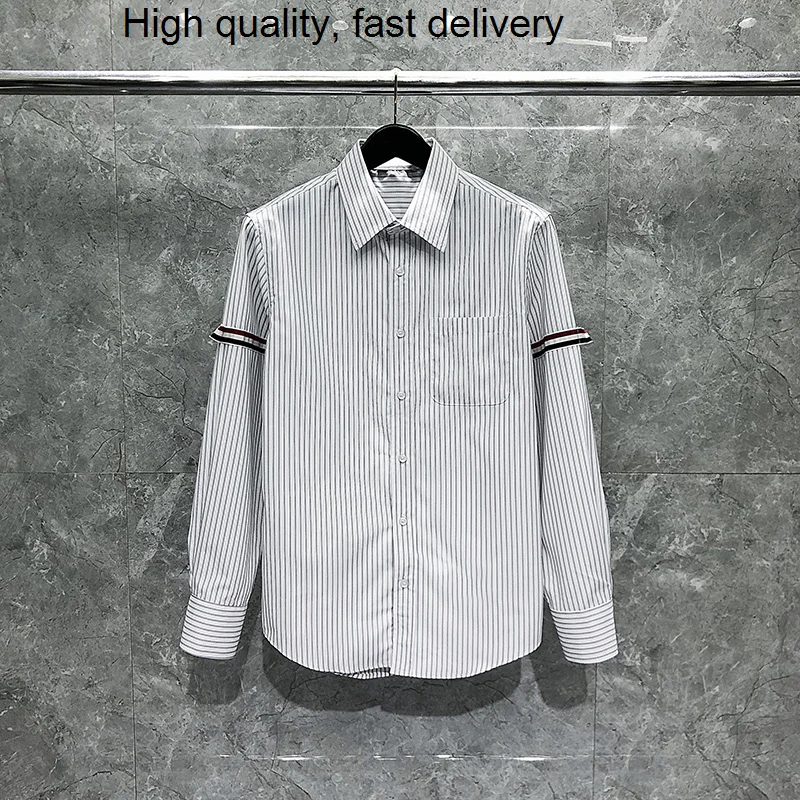 New TB THOM Shirt with Vertical Stripes Design Spring Autumn Fashion Brand Tops RWB Ribbon Armband Men's Shirt Cotton Oxford