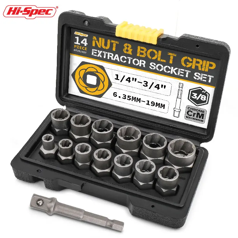 KUNLIYAOI  14pc Damaged Screw Extractor Cr-Mo Steel Bolt Nut Remover Car Tool Kit Hand Tools Kit 6.35 -19m in Tool Box