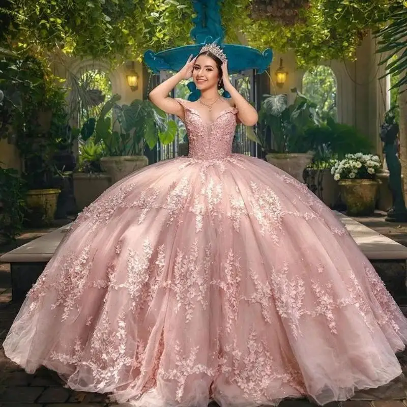 Pink Shiny Quinceanera Dresses Ball Gown Off the Shoulder Sequined Appliques Lace Beads Bow Princess Vestidos De 15 Anos Sweet