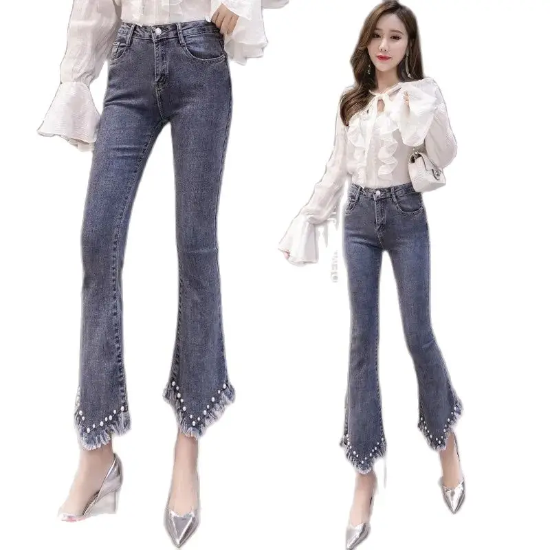 

2022 Spring Autumn New High Waist Micro-Flare Jeans Female Student Elasticity Thin Hole Straight Ninth Pants Women Summer Dress