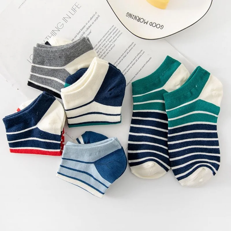 5 Pairs Summer Men Invisible Socks Casual Striped Sports Street Preppy Style Couples Socks Breathable Sports Short Boat Socks