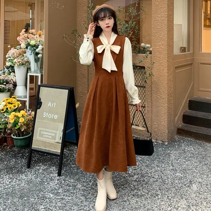 Женское зимнее милое платье-трапеция с длинным рукавом и бантом | Женская одежда