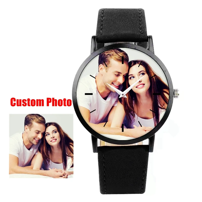 Custom Photo Watch For Couple All Black Leather Unisex Quartz Wristwatches Send Your Picture