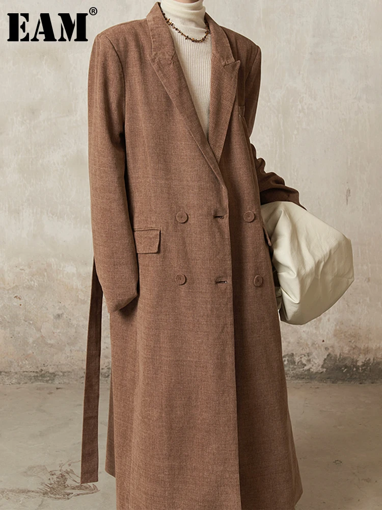 

[EAM] Women Khaki Big Size Long Elegant Blazer New Lapel Long Sleeve Loose Fit Jacket Fashion Tide Spring Autumn 2023 1DH3020