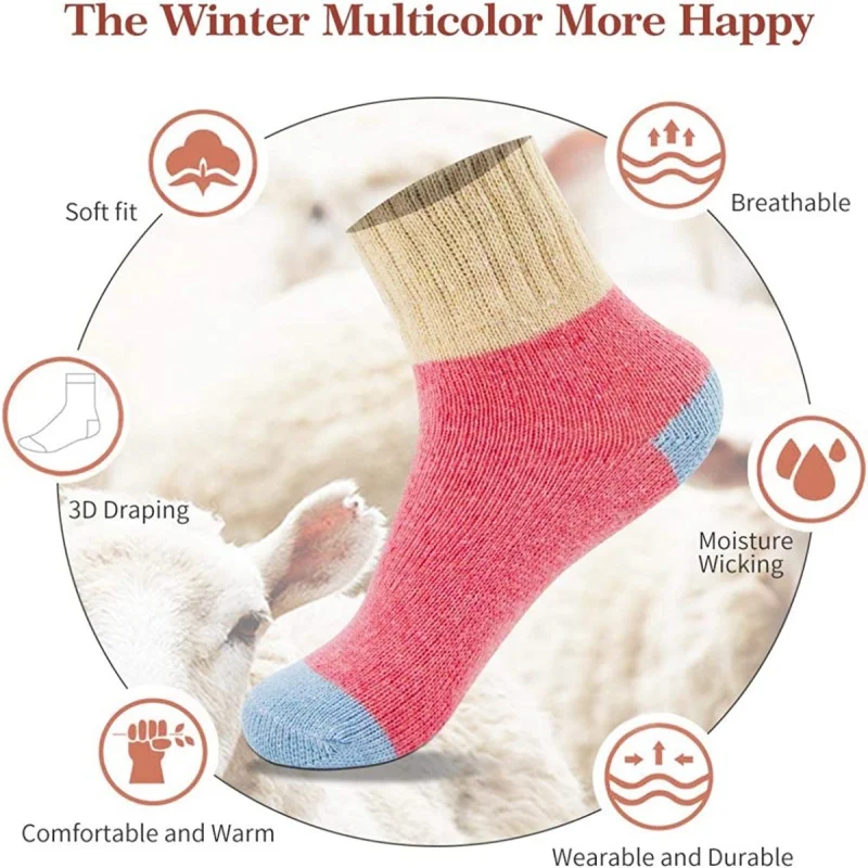 5pairs Chinese Hosier Soft Cotton Wool Hiking Socks Warm Thick Winter Boot Cozy Crew Cabin Ladies Thermal Socks for Cold Weather