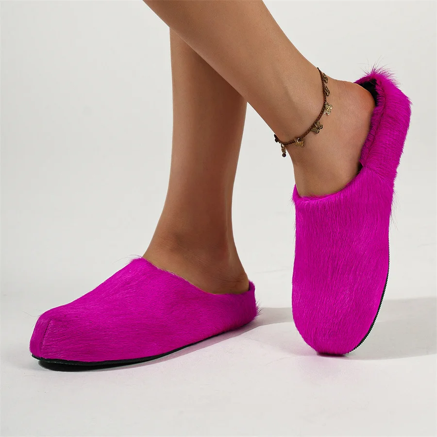 Мужские и женские шлепанцы тапочки из конского волоса на плоской подошве меховые