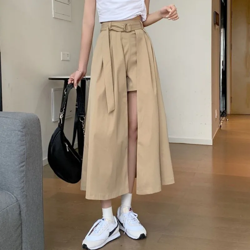 

A GIRLSClothland Women Elegant Split Skirts With Under Shorts Sashes High Waist Chic Streetwear Sexy Mid Calf Skirt Mujer