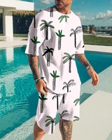 hawaiian beach coconut tree print suit for men japanese casual t shirt shorts 2 piece outfit tracksuit set man streetwear set