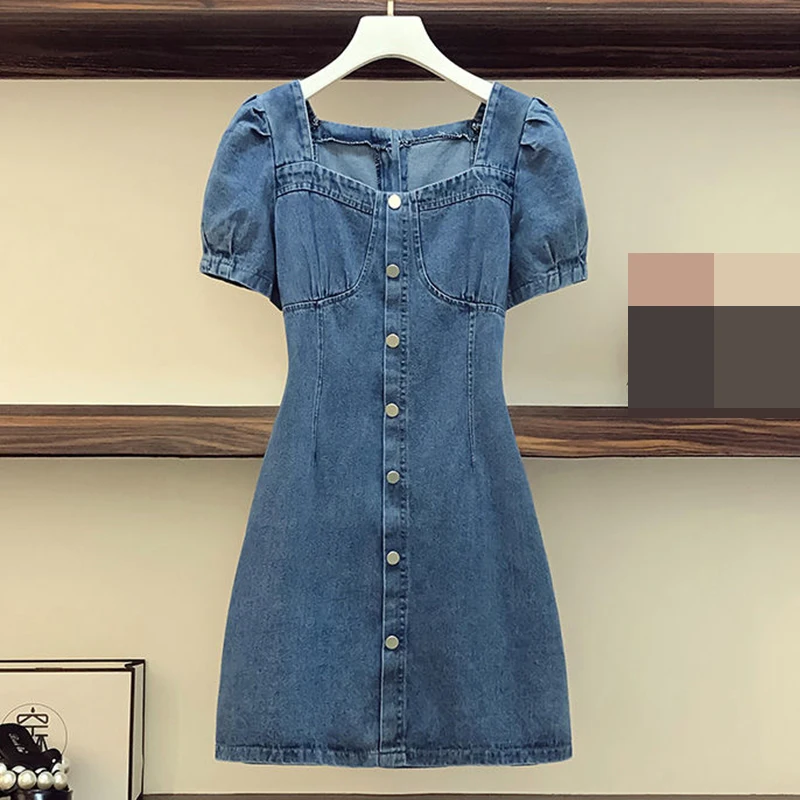 

Large size women's denim summer dress 2022 new waist slim dress clothing for women Straight vintage Cotton