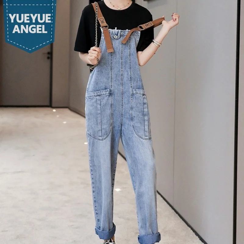 Boyfriend Style Women Loose Fit Long Jeans Overalls Strap Pocket Casual Streetwear Denim Bib Pants Female Cargo Jumpsuit