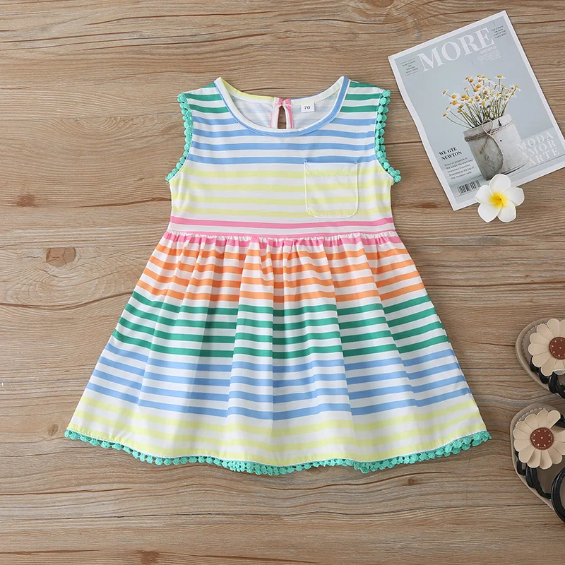 

Sleeveless Tank Dress Girls Tank Striped Summer Sundress Knee Length Crew Neck