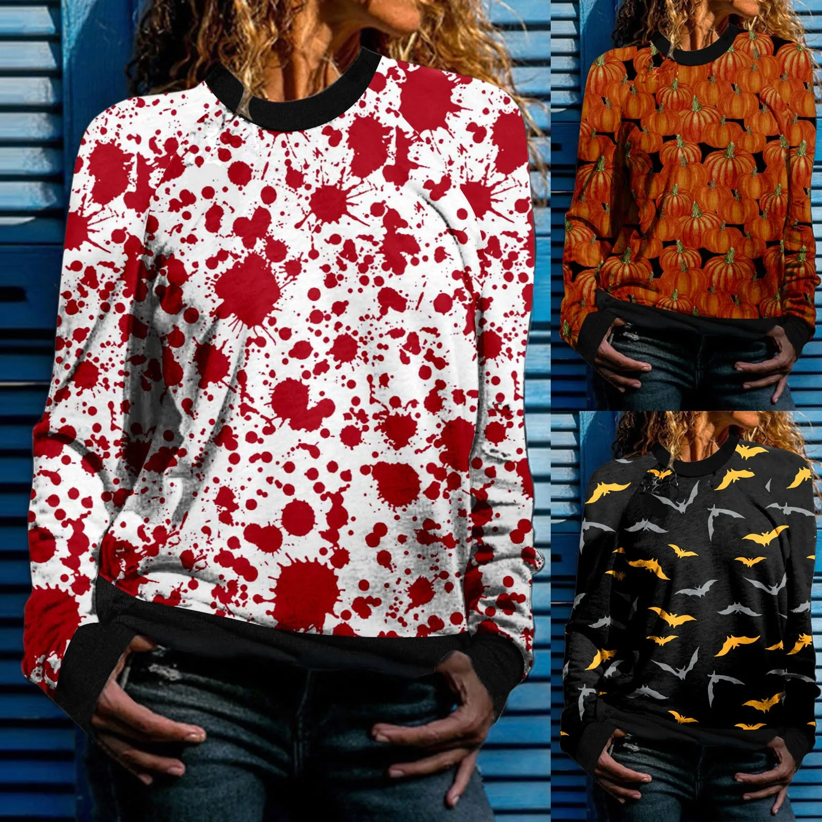 

Womens Casual Halloween Print Long Sleeve Round Neck Sweatshirt Loose Tops Little House Big