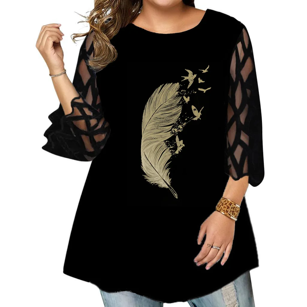 

Women T Shirt Abstract Flower Print Big Yards Tops Spring Autumn Lace transparent Three Quarter Sleeve Ladies Street Hipster Tee