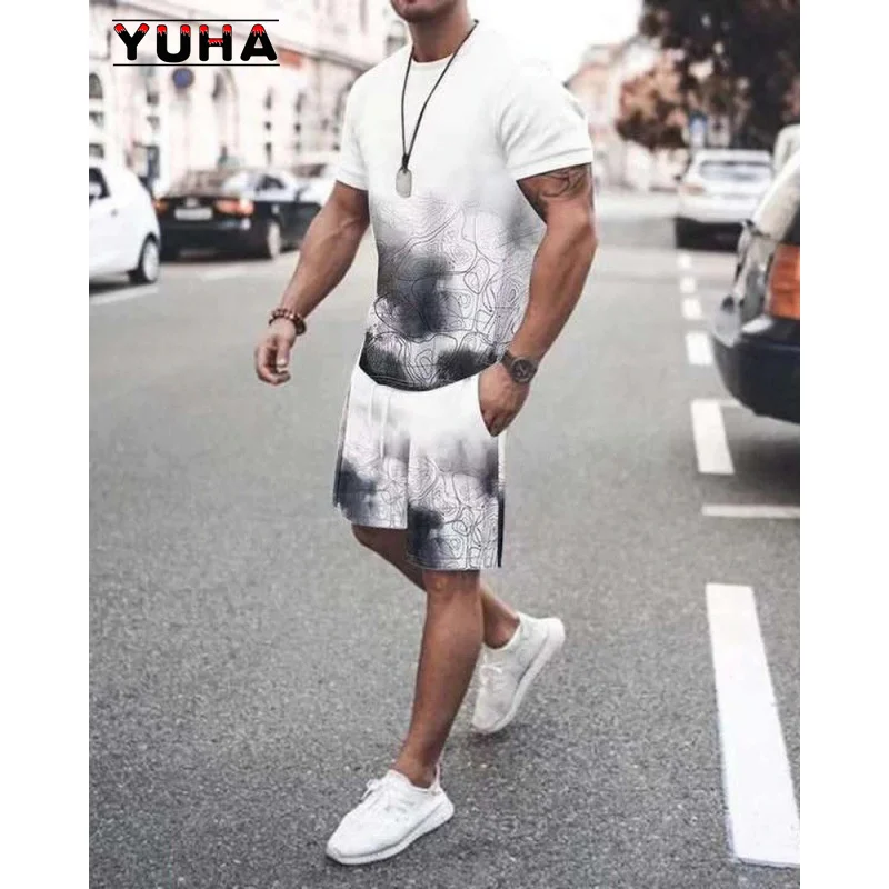 Yuha 3d Print Oversized T-shirt Shorts Set For Men Causal Short Sleeve Tracksuits Costume Breathable Men's Sports Suits Two-piec