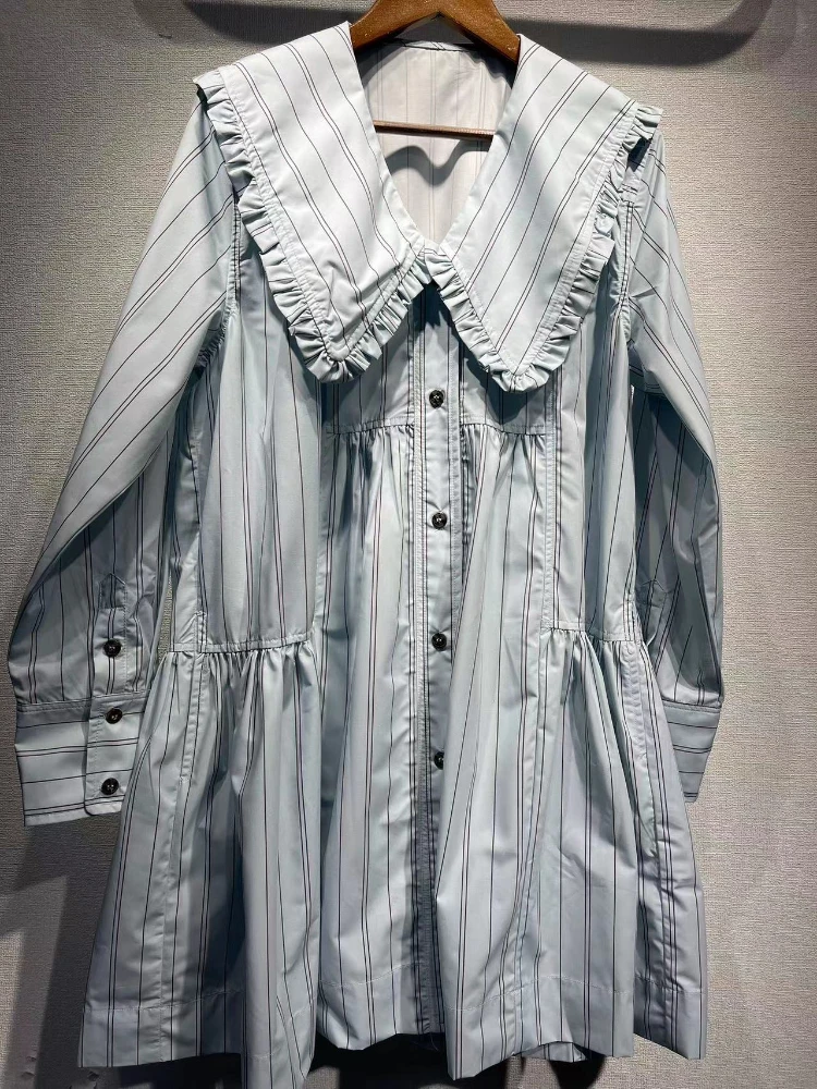 2023 Spring and Summer New Dress Women Striped Doll Collar Long-sleeved Loose Dress