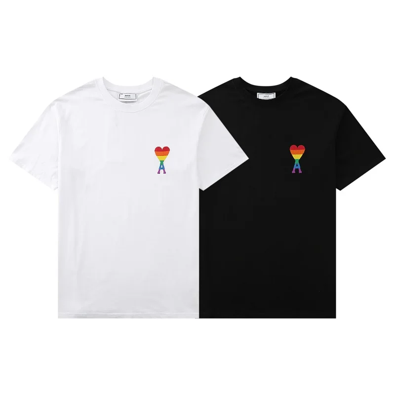 

Ami New Summer Women's T-shirt 2022 Rainbow Heart Embroidered Short Sleeve Round Collar High Street Men's And Women's T-shirts