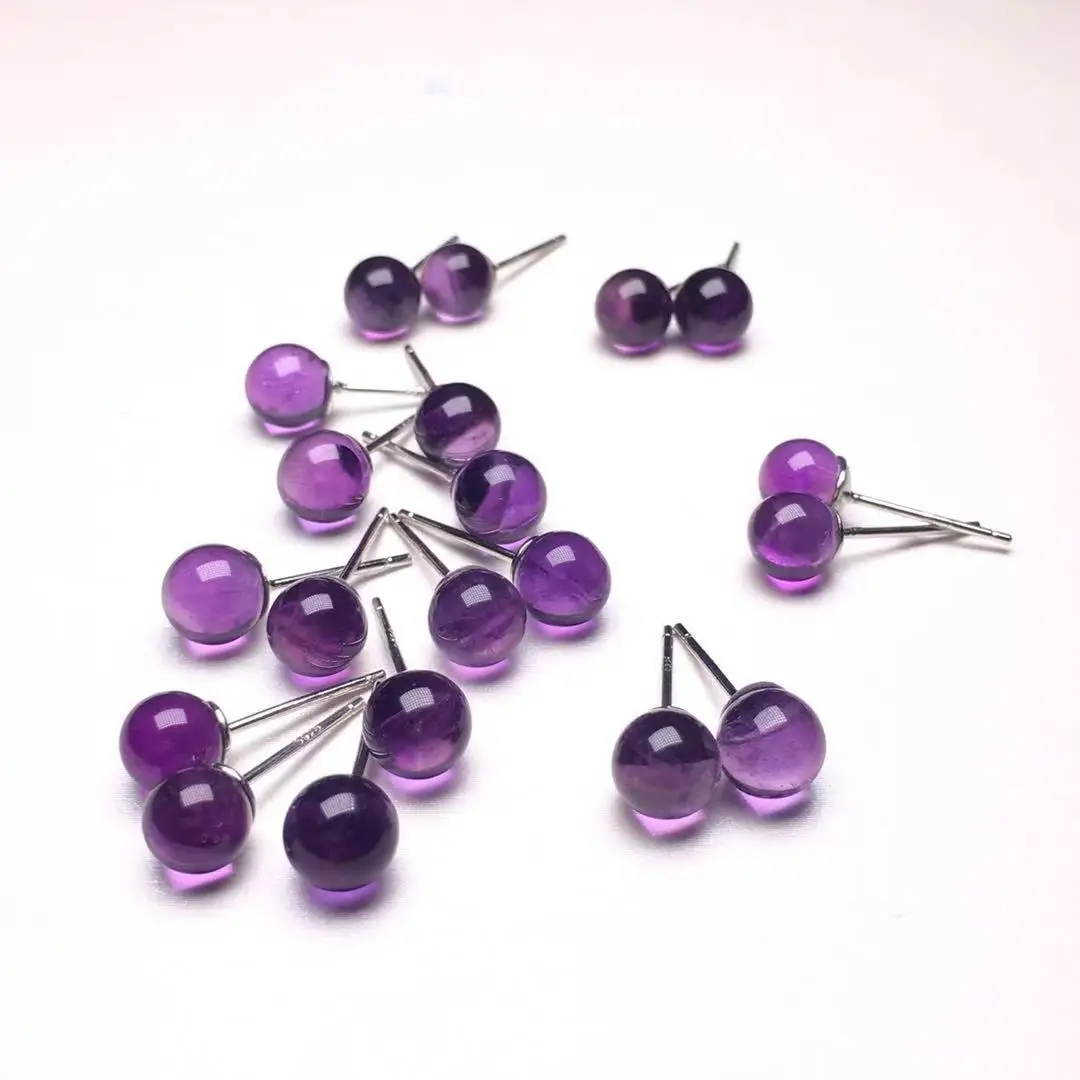 

Natural amethyst round bead stud earrings minimalist jewelry 925 silver stone small earring for women girl