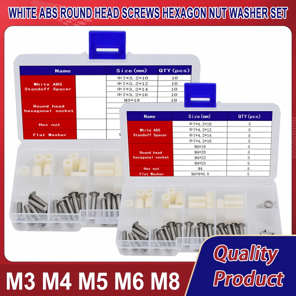 

White ABS Non-Threaded Standoff Spacer Stainless Steel Round Head Allen Screws Hexagon Nut and Flat Washer Set M3 M4 M5 M6 M8