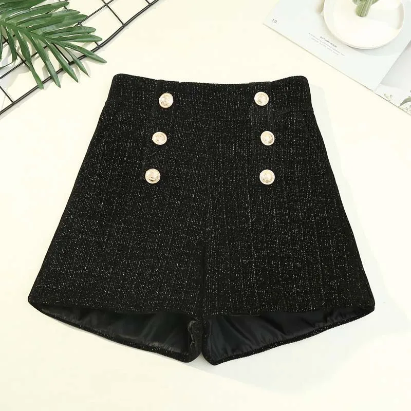 Spring Autumn Shorts Women Loose Tweed Slim Button High Waist Shorts Korean Fashion Casual Ladies All-match Pants ropa mujer