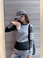 grey bottoming sweater women tb2022 new trendy net red round neck pullover short striped slim long sleeved knit