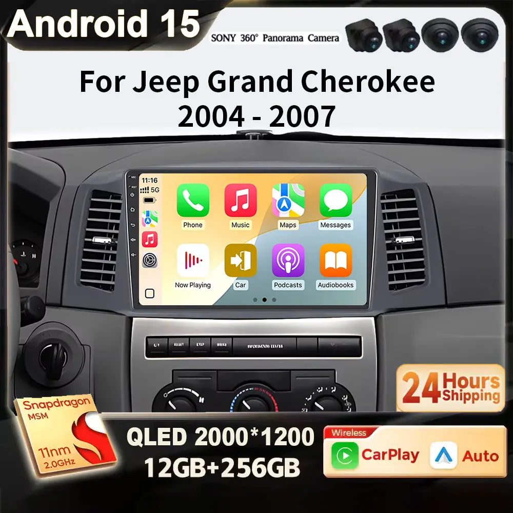 Фото Для JEEP Grand Cherokee WK 2004-2007: Автомагнитола Android 15 с беспроводным CarPlay, GPS-навигацией, мультимедийным плеером и Bluetooth №3