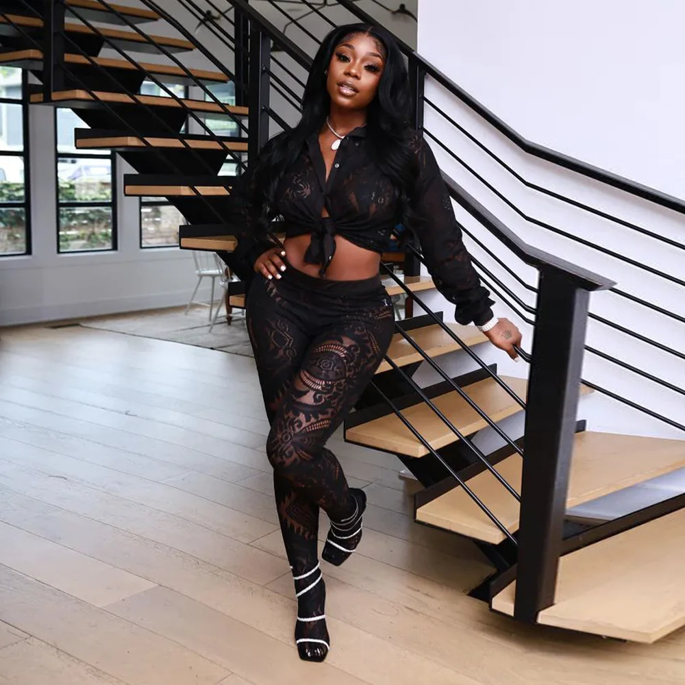 

Two Piece Set Tracksuits Club Sexy Lace Hollow Out Crop Top And Pants Sets Lady Fashion Fitness Outfits