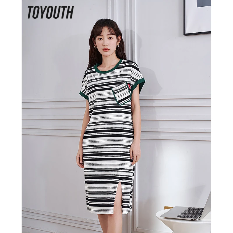 

Toyouth Women Black White Stripe Dress 2023 Summer Short Sleeve O Neck Contrast Color Split Hem Casual Chic Mid-length Skirt