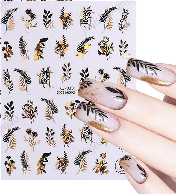 Наклейки для ногтей 3D "Newest Slider Laser Gold Leaves Black Flower Abstract Woman Face Line Art Accessories".