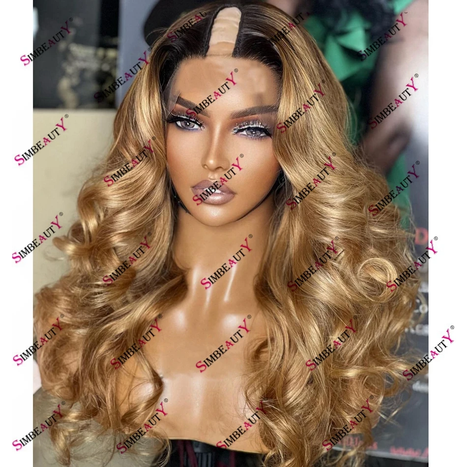 1B27 Honey Blonde Super Wave Human Hair U Part Wig for Women 200 Density Brazilian Remy Hair V Part Wig with Clips Extension