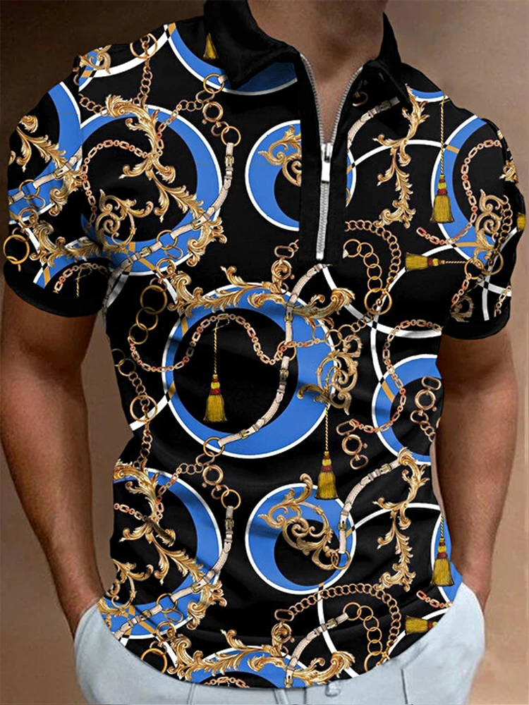 

Men's polo Shirts Digital Printing Summer Casual Turn-down Collar Zipper Patchwork Daily Short Sleeve Tops Streetwear Polo Shirt