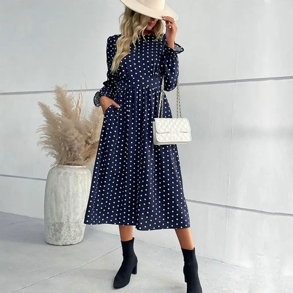 

Female Dress Dot Print Ladies Dress A-Line Mid-Calf Pullover Dress