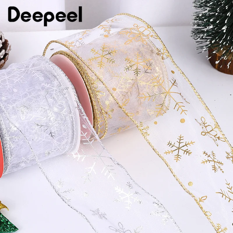 

10Yards Deepeel 6.3cm Christmas Ribbons Transparent Snow Yarn Ribbon Snowflake Decorative Satin Lace Fabric Trimming Accessories