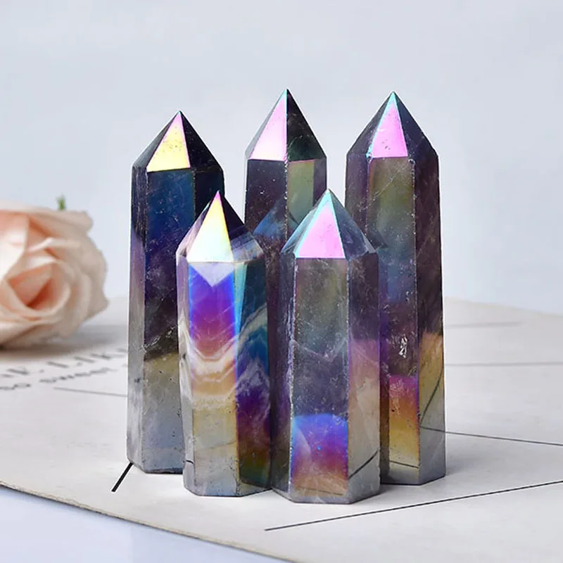 

1PC Natural Aura Amethyst Crystal Point Electroplating Wand Healing Stone White Quartz Home Decoration Reiki Obelisk Tower Gifts