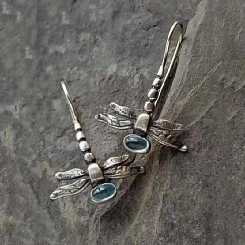 

Trendy Dragonfly Hook Earrings for Women Girl Jewelry Lovely Antique Silver Color Blue Stone Flying Insect Drop Dangle Earrings