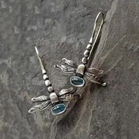 trendy dragonfly hook earrings for women girl jewelry lovely antique silver color blue stone flying insect drop dangle earrings