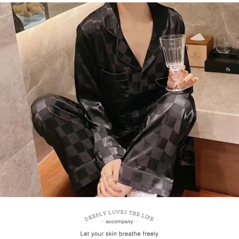 Landuxiu Women's 2022 New Silk Couples Home Wear Fashion Plaid Ice Silk Long Sleeve Two-Piece Set