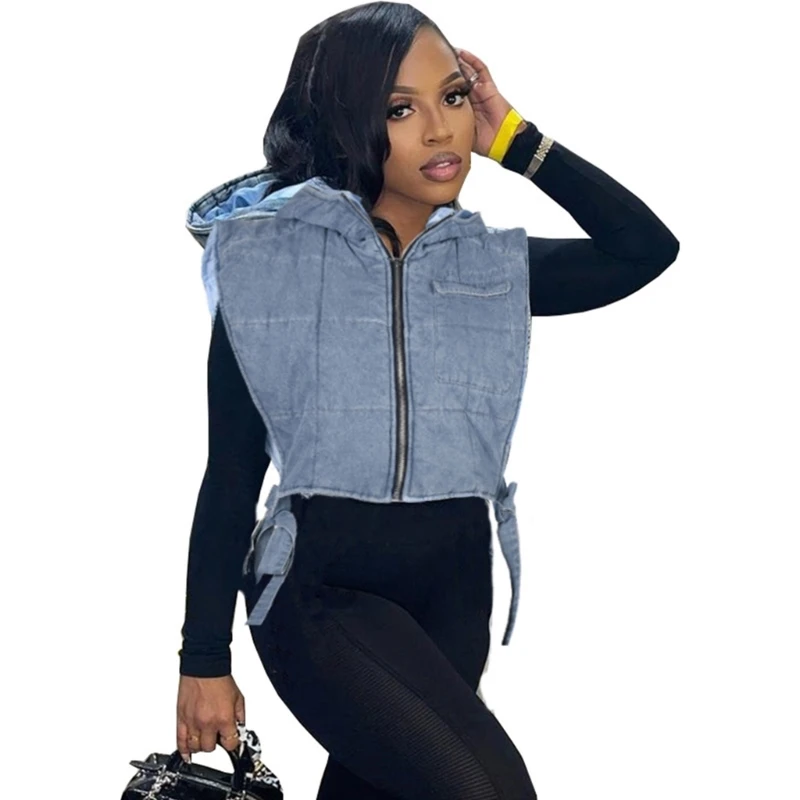 

Womens Denim Quilted Cargo Vest Hoodie Jackets Sleeveless Zipper Puffer Crop Top P8DB