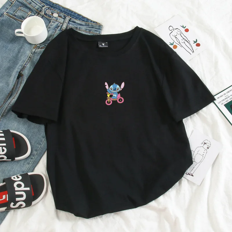 

Stitch Short Sleeve Crew Neck Women's T-Shirt Disney Fashion Shirts for Women White Blouse Ladies Tops Short Sleeve