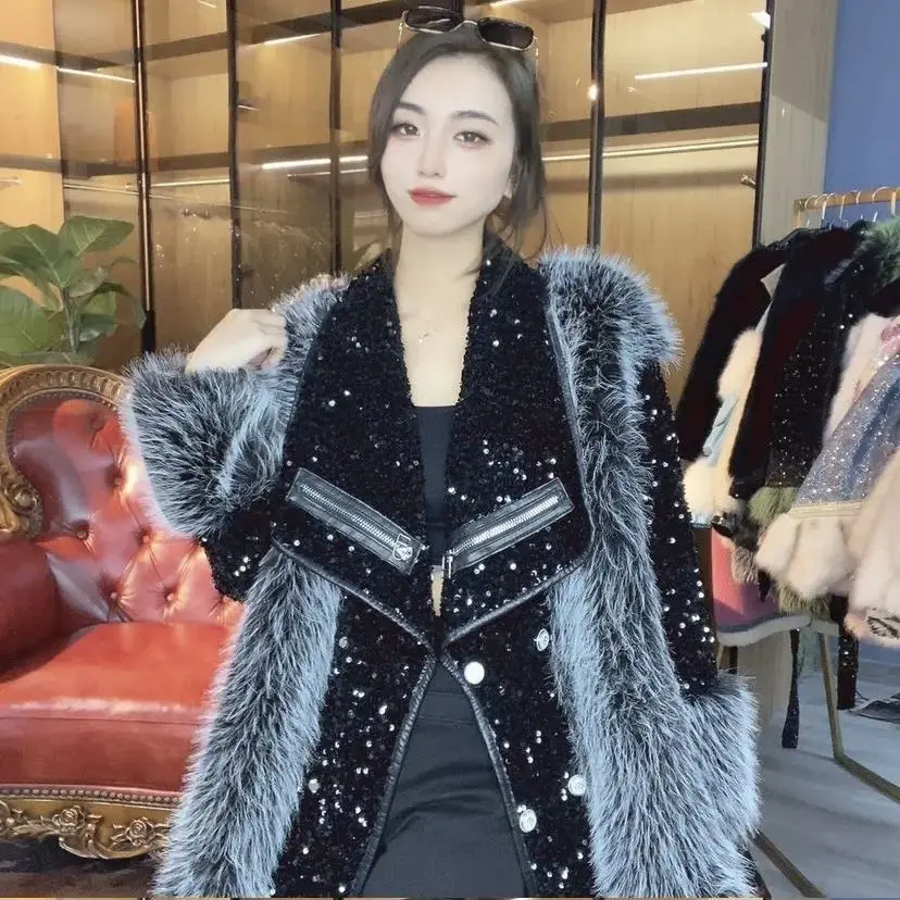 Heavy Fur 2022 New Winter Clothes Fur Integrated Mid-Length Tuscan Lamb Wool Coat for Women Temperament Streetwear Luxury Jacket