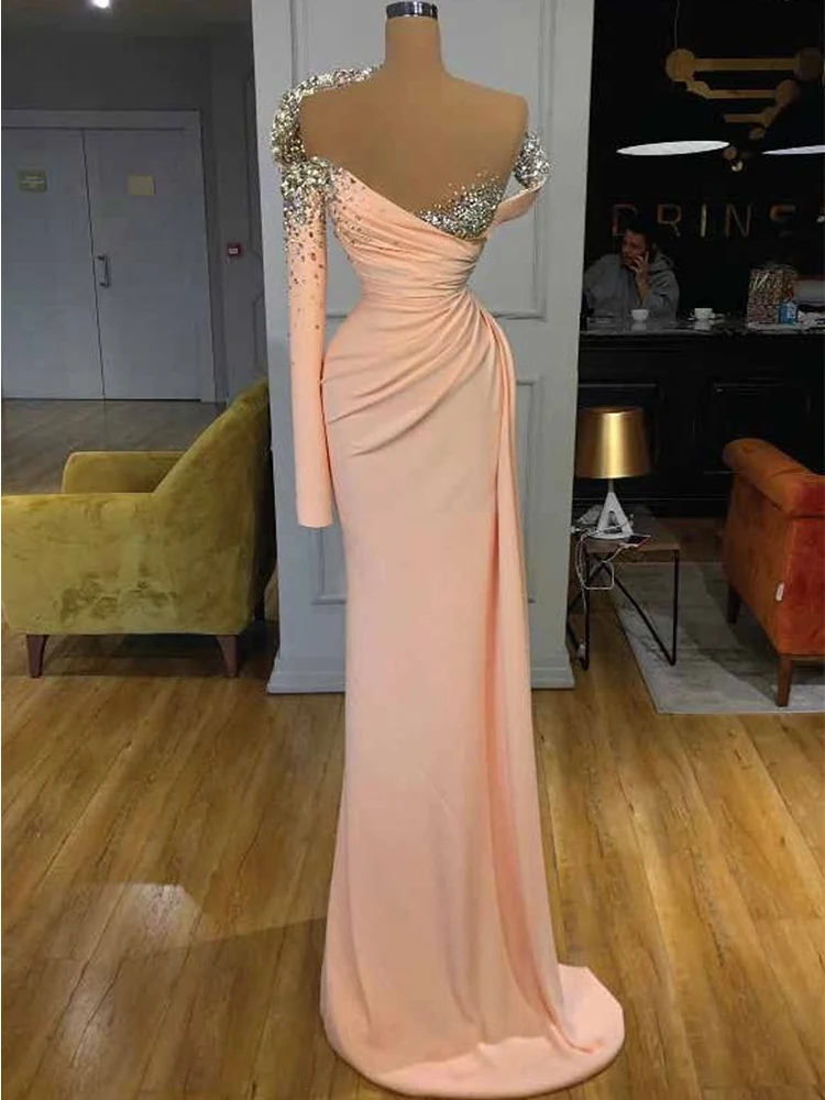 

Женское вечернее платье-Русалка со шлейфом, атласное платье до пола с длинными рукавами и бусинами, платье для выпускного вечера, 2022