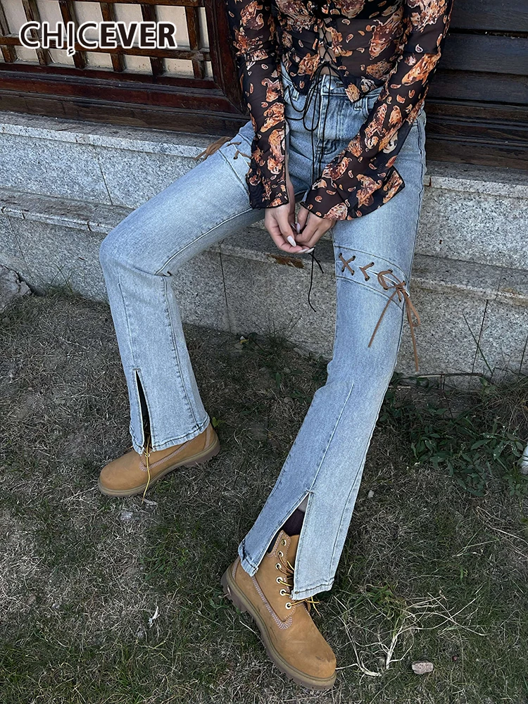 

CHICEVER High Street Plain Denim Pants For Women Patchwork Buttons Lace Up Split Front Slimming Jeans Female 2022 Fashion Style