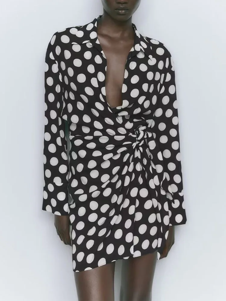 

TRAF Sexy 2022 Summer Women Dot Dresses Vintage Female Mini Turn Down Collar Dress Printed Beach Party Vestidos Mujer