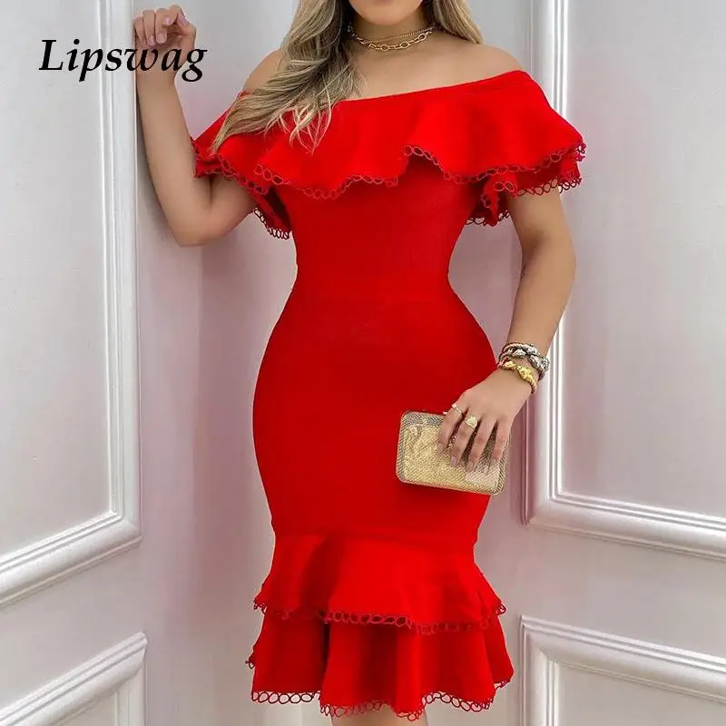 

Женское вечернее платье с открытыми плечами и оборками, привлекательное облегающее платье с вырезом лодочкой и открытой спиной, Пляжное пл...