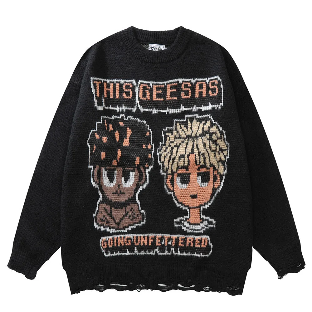 Harajuku Cartoon Ladies Sweater Men's Pixel Knit Sweater Couple Hip Hop Sweater Y2K Doll Sleeve Autumn Loose Lazy Sweater